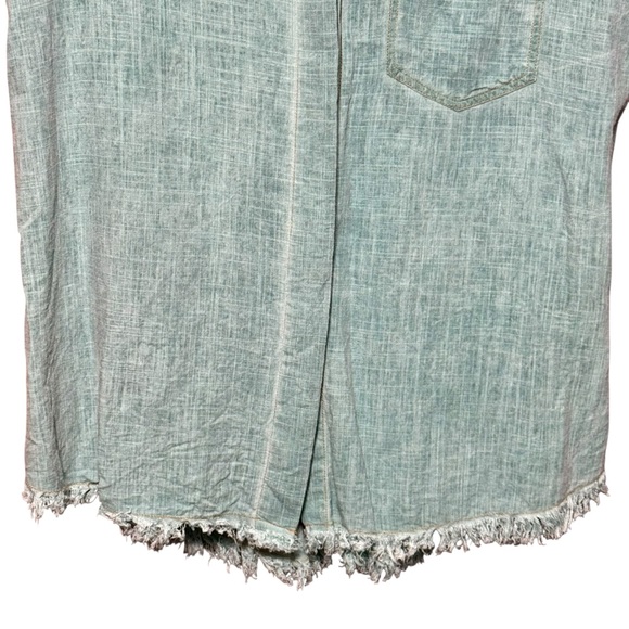 Umgee Linen Cotton Raw Fringe Hem Split Back Button Front Teal Lagenlook Blouse - Picture 5 of 11